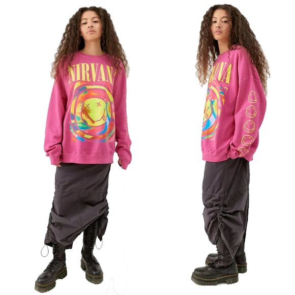 NIRVANA Bright Pink Sweatshirt Heavyweight Drop Shoulder Oversized Size L/XL - Picture 2 of 16
